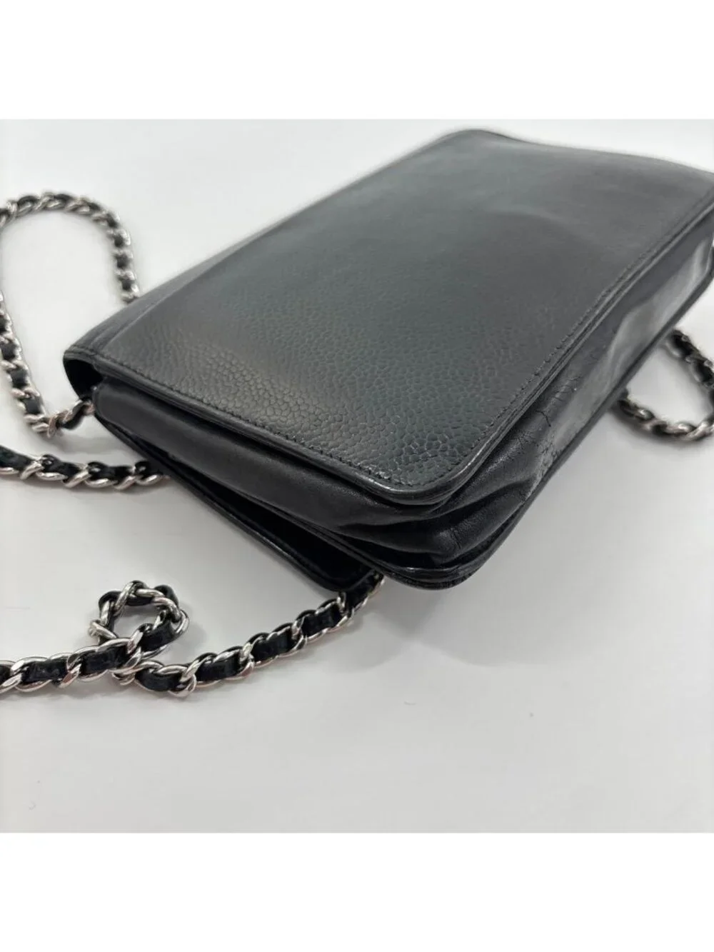 Chanel Super Caviar Leather Chain Wallet Black CC Logo Shoulder